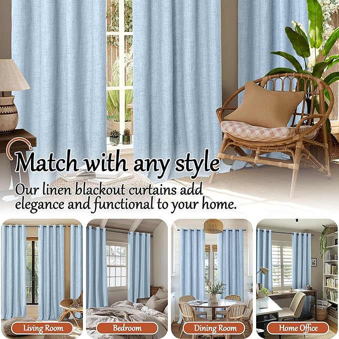 Baby Blue Linen Blackout Curtains for Nursery 40 Inch Length 2 Panels, Short Thermal Insulated Boho Total Black Out Noise Reducing Small Window Curtains for Kids Bedroom, Each 38 Inch Wide