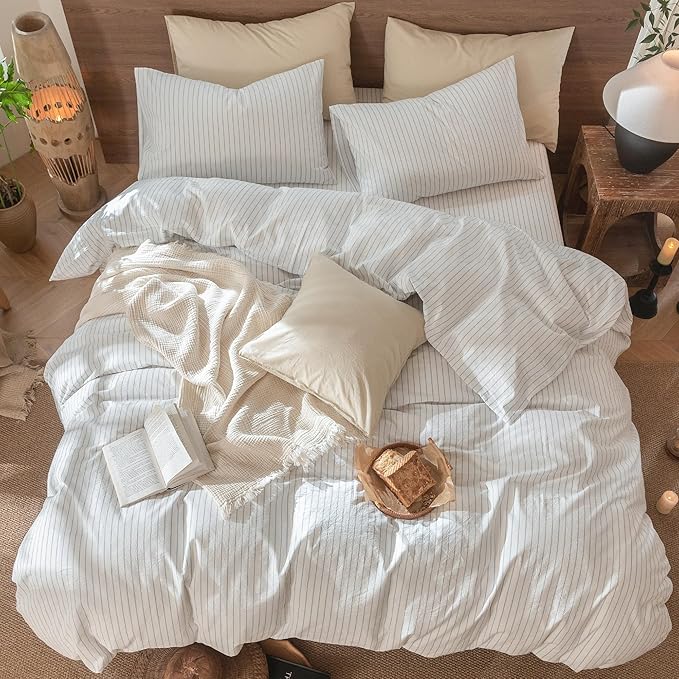 MooMee Striped Duvet Cover Set 100% Washed Cotton Linen Like Textured Breathable Durable Soft Comfy (White Cornflower Blue Wide Stripes, Super King Plus 120"x120")