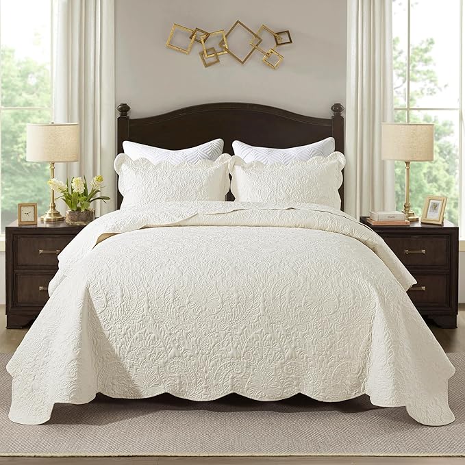 HoneiLife Quilt Sets King Size - Microfiber Bedspreads for King Bed, 3-Piece Lightweight Coverlets, Retro Bedlinen Sets, King Quilt Bedding Set All Season Use-Beige