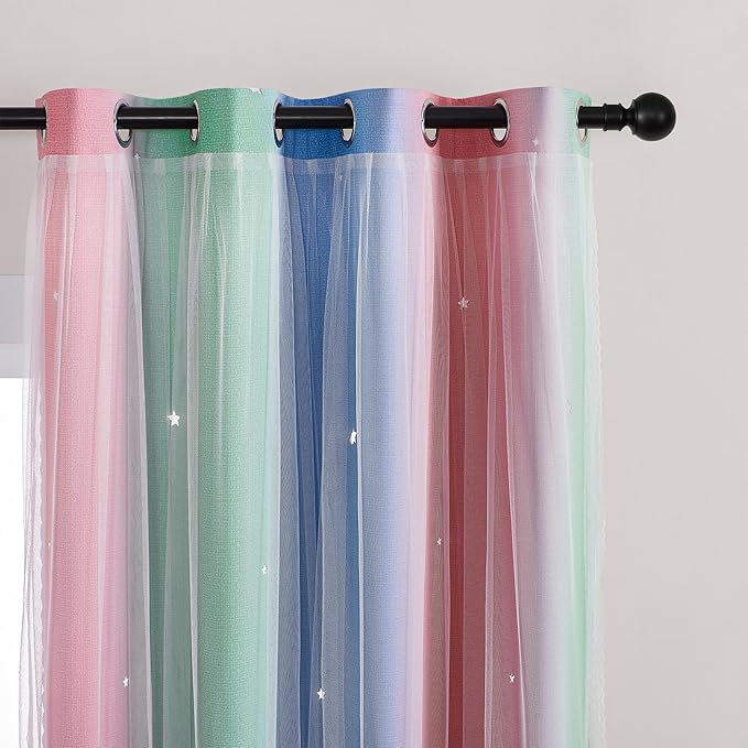 XiDi Pink & Rainbow Curtains for Kids & Girl Bedrooms - Blackout, Unicorn Wall Decals, 52x63 Inch