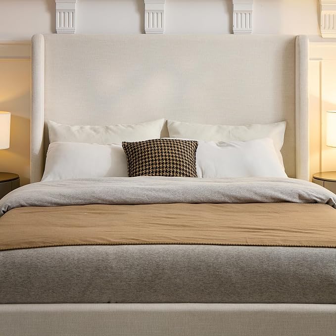 Upholstered Bed Frame King Size, 52.3" High Headboard Platform Beds Caron Tall Wingback Bed Frames, Box Spring Request/No Noise/Simplicity Minimalist, Textured Ivory Canvas Chenille