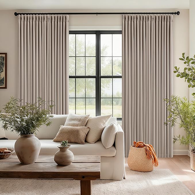 Dark Flax Linen Pinch Pleated 100% Blackout Curtains 90 Inch Length 2 Panels Set Burlywood Birch Tan Brown Pinch Pleat Curtains Black Out Blocking Room Darkening Drapes for Bedroom Living Room Window