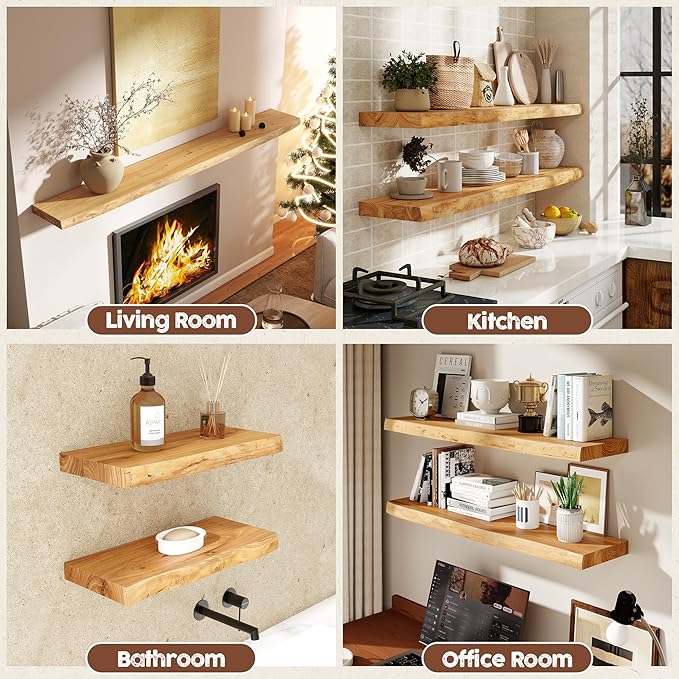 fuqing Live Edge Floating Shelves for Wall 36 inch, 8 Inch Deep Solid Elm Wood Floating Wall Shelves - Rustic Wooden Shelves with Invisible Brackets for Living Room Bedroom Kitchen, 2 Pack, Natural