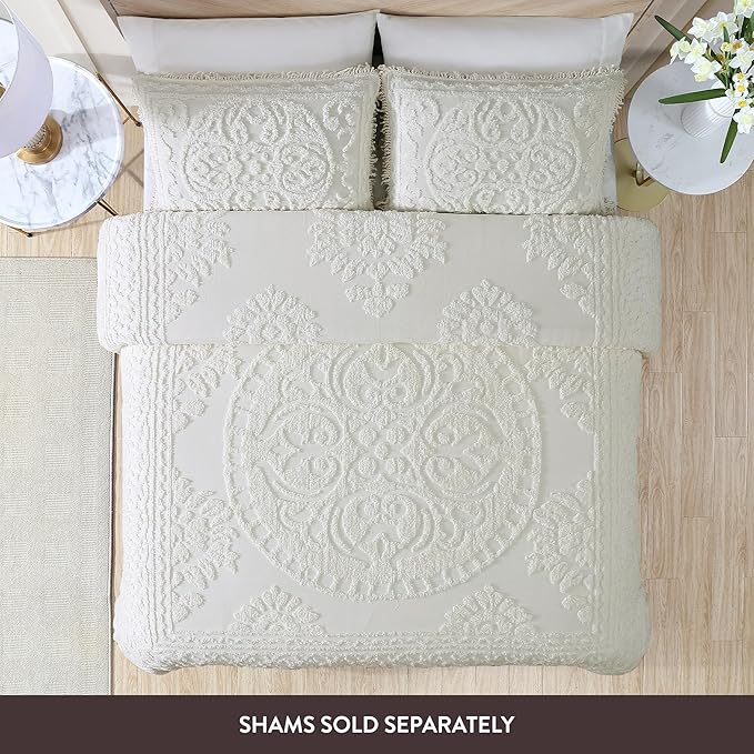 Beatrice Home Fashions Medallion Chenille Bedspread, Queen, Ivory