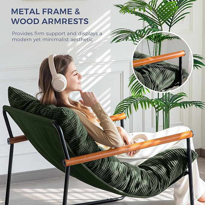 MAXYOYO Modern Accent Chair, Comfy Living Room Chair with Metal Frame Wooden Armrest, Upholstered Armchair with Soft Cushion for Bedroom Balcony Lounge Reading Room, Dark Green