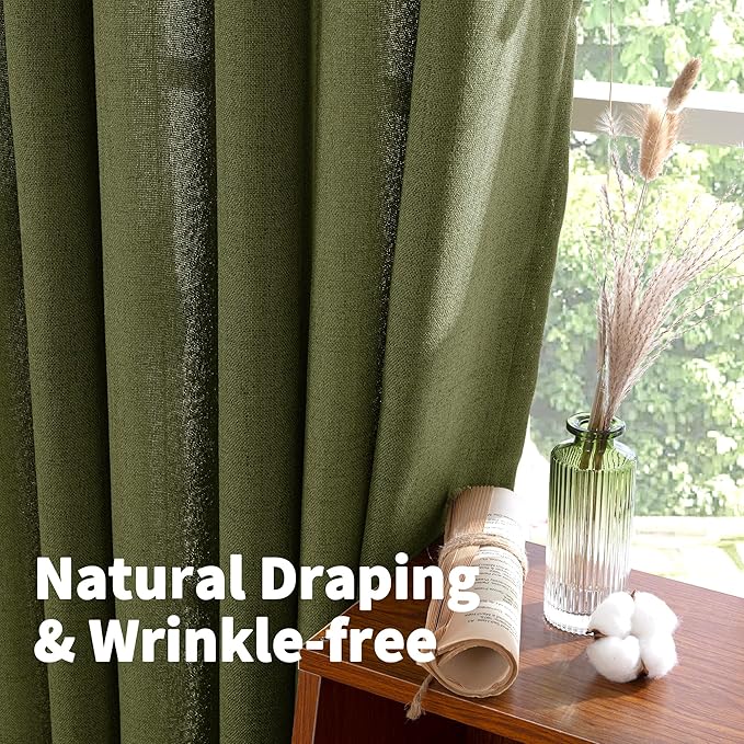 YoungsTex Olive Green Linen Curtains 63 Inch Length 2 Panels for Living Room, Semi Sheer Drapes Light Filtering with Bronze Grommet Textured Privacy for Office Bedroom, 52 X 63 Inch