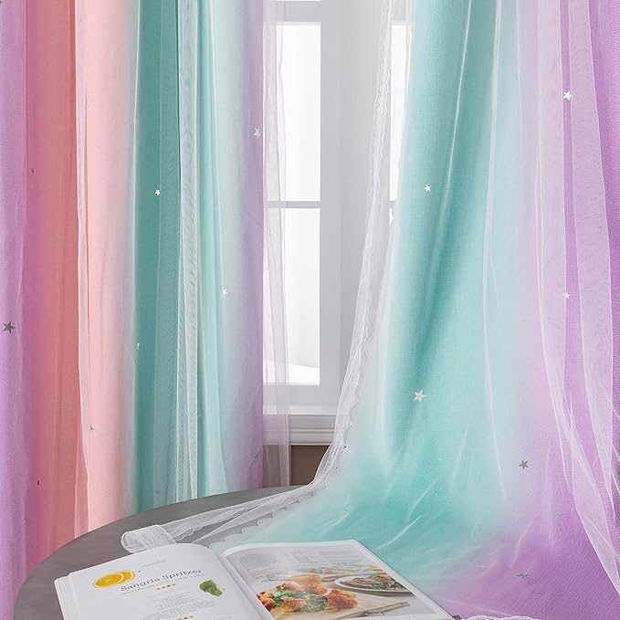 XiDi Dream Star Blackout Curtains for Kids Rooms Girl Princess Curtain for Daughter Bedroom Window (Pink Purple Green, W52 X L84)