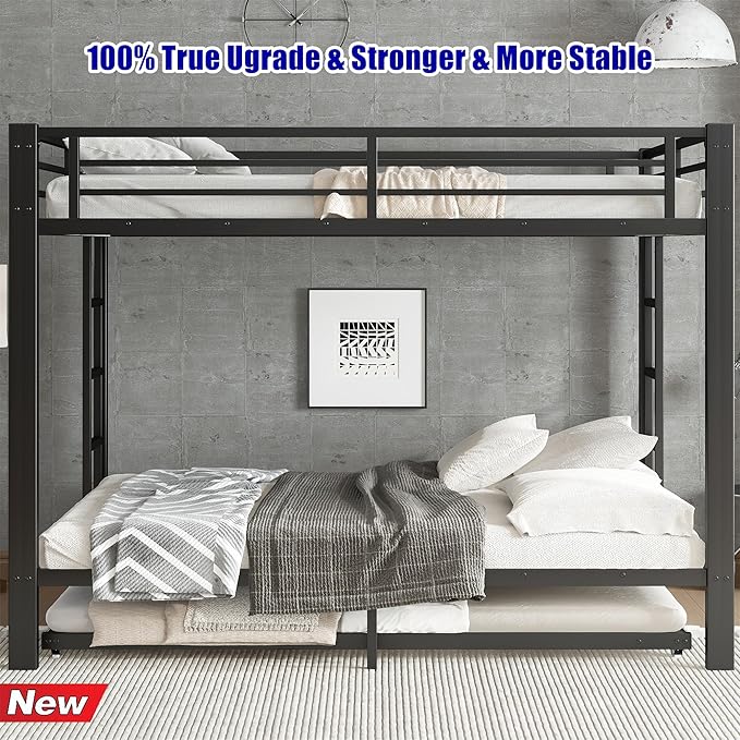LUCALEO Stronger & Truly Reinforced Heavy Duty Metal Bunk Bed Queen Over Queen Size Bunkbed, Thickened More Stable & Safer Steel Bunk Bed Frame with Twin Size Trundle (Greater Weight Capacity)
