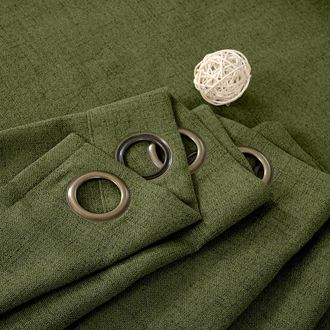 YoungsTex Olive Linen Curtains 45 Inch Length 2 Panels, Dark Green Short Drapes Semi Sheer with Bronze Grommet Light Filtering for Living Room Windows, 42 X 45 Inch