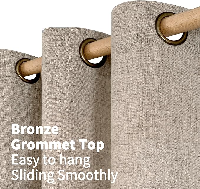 YoungsTex Dark Oatmeal Linen Curtains 68 Inch Length for Living Room, Light Filtering Burlap Textured Drapes with Bronze Grommet Privacy for Bedroom Farmhouse Rustic, 52 x 68 Inch, 2 Panels