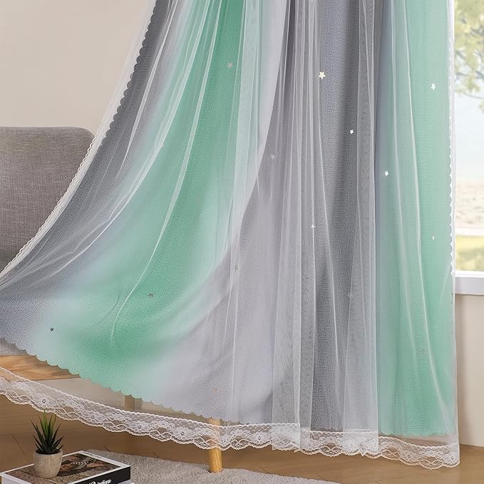 XiDi Blackout Curtains for Bedroom & Kids Room - Rainbow, Unicorn Wall Decals - Green, Grey - 34x84 Inch - 1 Panel