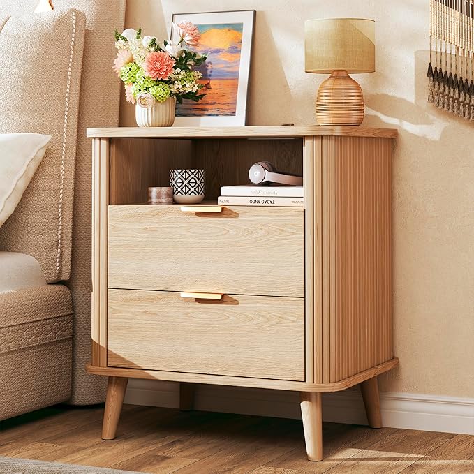 Fluted Nightstand, Night Stand with Charging Station, Mid Century Modern Bedside Table with Drawer & Open Shelf, Curved Profile Design, End Side Table with Storage for Bedroom, Oak