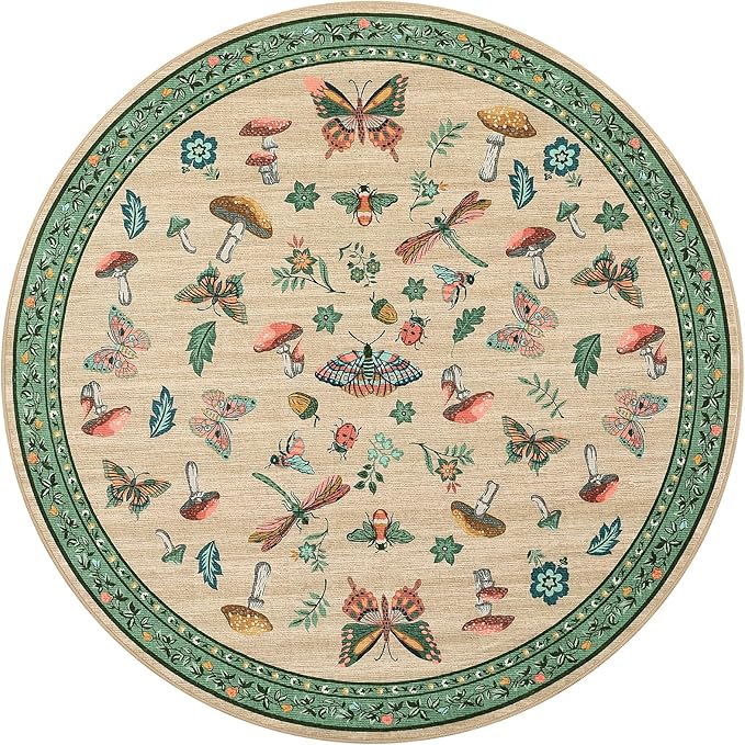 Mushroom Insect 6ft Round Rug Washable Non-Slip Soft Ultra-Thin Small Boho Circle Carpet for Entryway Kitchen Bedroom Nursery Dining Room Khaki Green
