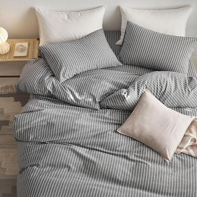 MooMee Striped Duvet Cover Set 100% Washed Cotton Linen Like Textured Breathable Durable Soft Comfy (Dark Grey White Wide Stripes, Oversized King Plus 128"x120")