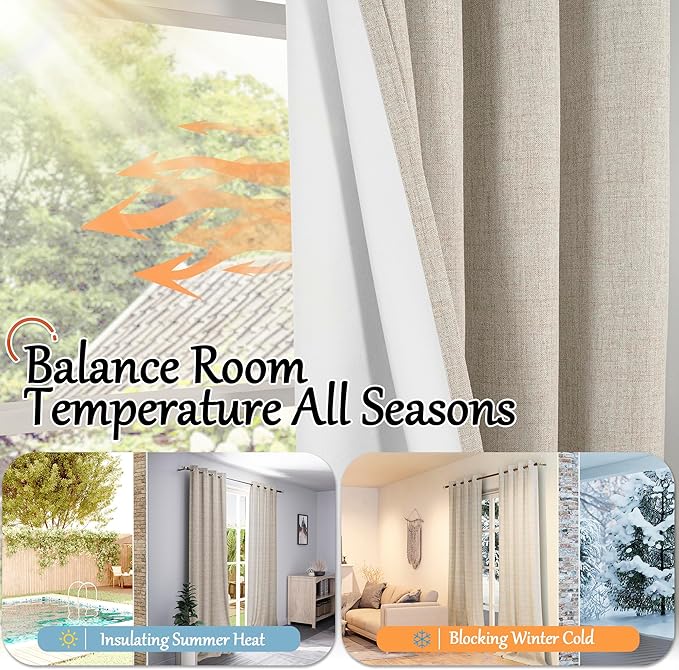 Linen Blackout Curtains 54 Inch Length 2 Panels for Bedroom, Thermal Insulated Total Light Blocking Noise Reducing Window Curtains for Farmhouse, Bronze Grommet, Beige, Each 52" Wide