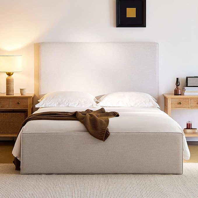 Queen Size Upholstered Bed Frame, 52" High Headboard Wingback Bedframe, Lucas Tall Headboard Floor Platform Beds, No Box Spring Needed No Noise/Minimalist, Textured Lvory Canvas Chenille