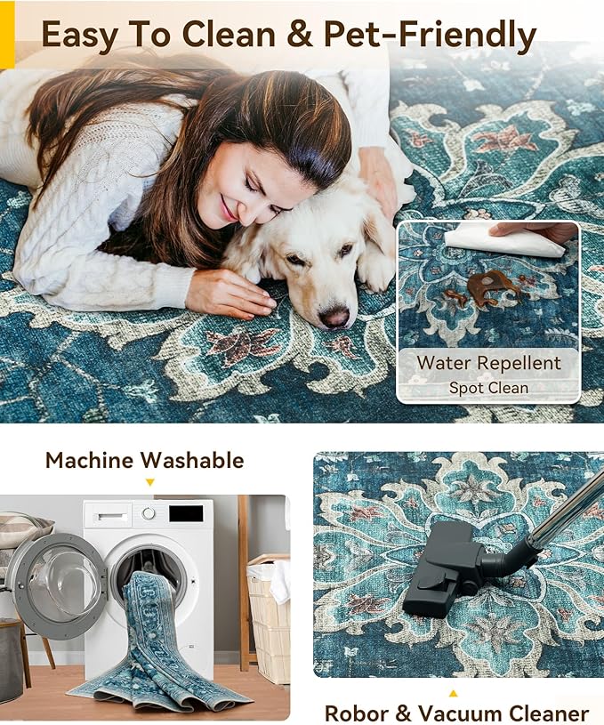 Area Rugs Square 6ft Washable Non-Slip, Floral Vintage Distress Print Pattern Medallion Carpet for Living Room Bedroom Dining Room, Teal Green Lake Blue Turquoise