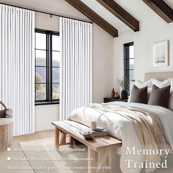 Neutral White Linen Pinch Pleated Blackout Curtains 108 Inches Long for Bedroom Pleated 100% Black Out Drapes with Liner Off White Farmhouse Country Extra Long 108 Inch Curtain for Living Dining Room