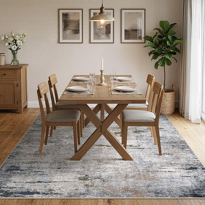 Area Rug Living Room Rugs - 9x12 Washable Large Soft Indoor Neutral Modern Abstract Low Pile Rug Carpet for Bedroom Dining Room Farmhouse Home Office - Blue/Grey/Brown