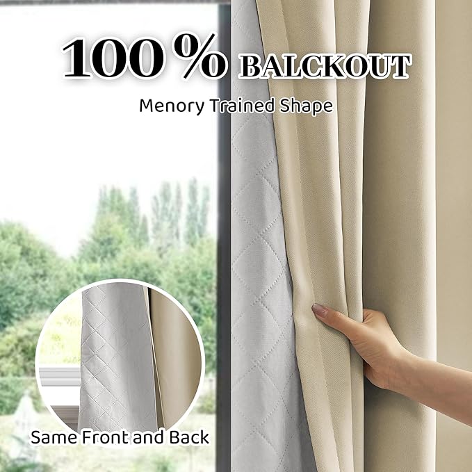 3-in-1 100% Blackout Curtains 120 Inches Long, Thermal Insulation, Soundproof Back Tab Drapes for Bedroom Living Room Sliding Glass Door, with Pin Hooks, Beige 50x120 Inch 1 Panel