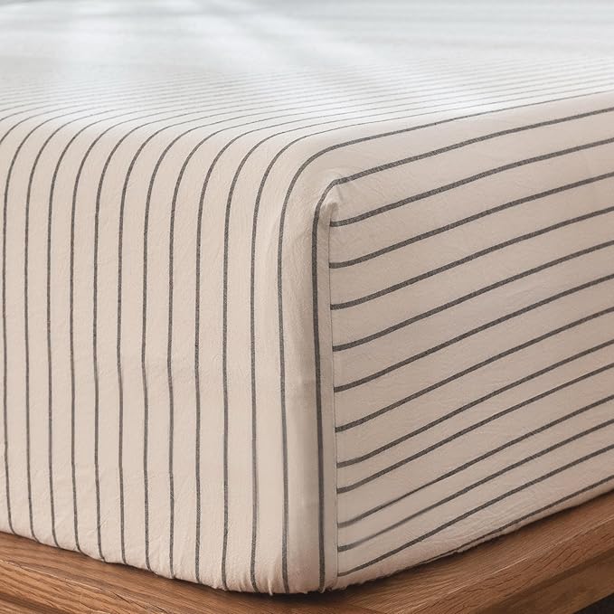 MooMee Fitted Bottom Sheet Only 100% Washed Cotton Linen Like Textured Breathable Durable Soft Comfy Deep Pocket Fits Mattress up to 17" (White Dark Grey Wide Stripes, Queen)