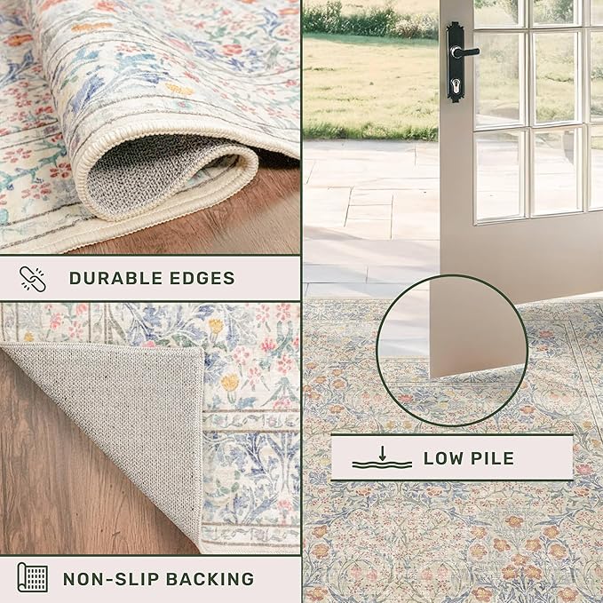 Vintage Washable Beige Blue 10x14 Rug for Living Room - Extra Large Area Rug for Dining Room Under Table, Bedroom - Botanical Floral Design with Purple Red Accent, Non-Slip Lightweight Soft Low Pile