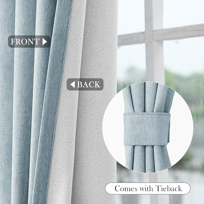 Macochico 100% Blackout Chenille Curtains for Living Room Classic Chenille Window Curtain Panels Thermal Drapes for Bedroom Hotel Grommet Curtains with Tieback Light Blue 84" Wx96 L 1 Panel