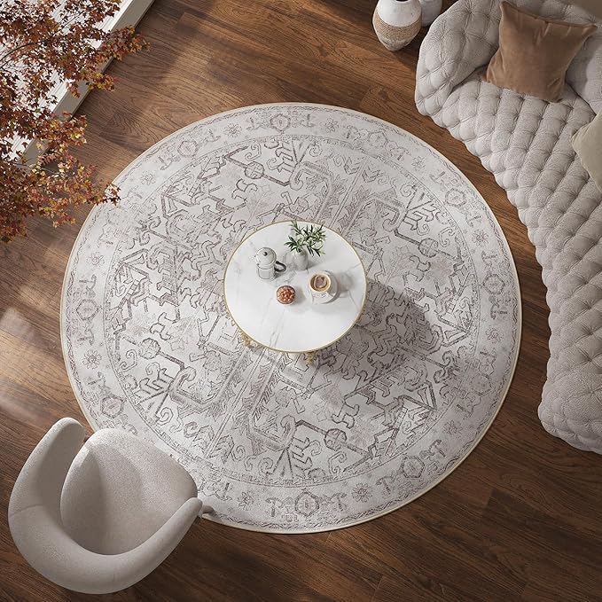 jinchan Lima Round Rug 7ft Vintage Machine Washable Area Rug Indoor Circle 7' Ultra-Thin Non-Slip Floral Print Carpet for Farmhouse Entryway Dining Room Living Room Bedroom Office (7'Round, Taupe)