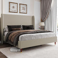 Jocisland King Upholstered Platform Bed Frame with 51.2" Tall Wingback Headboard–Solid Wood Legs, No Box Spring Needed, Brown Linen–Modern Style for Any Bedroom
