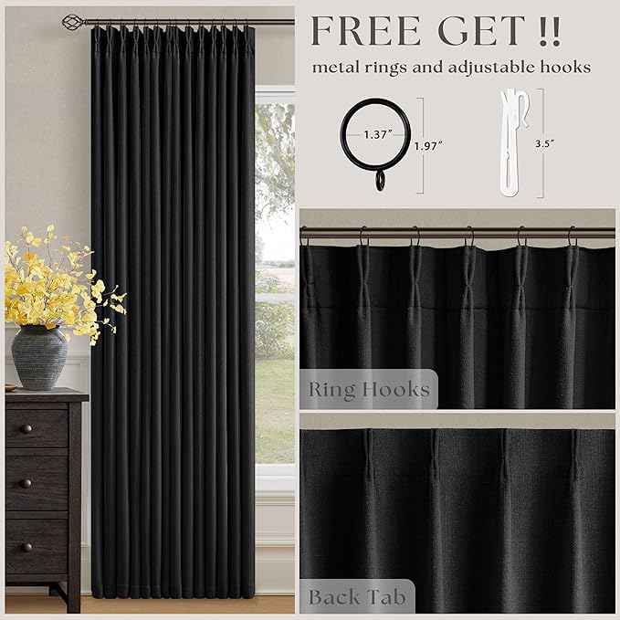 Black Pinch Pleated Blackout Linen Curtains 120 Inches Long for Living Room Bedroom 2 Panels Room Darkening Thermal Insulated Neutral Black Farmhouse 100% Blackout Window Curtain Drape 120 Inch