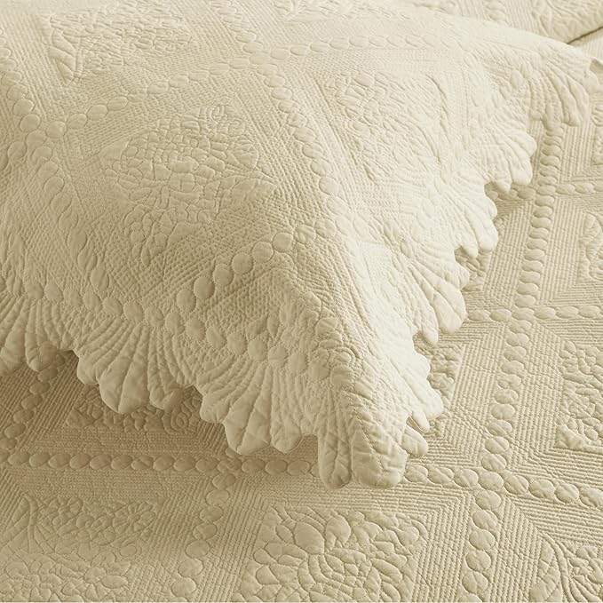 MarCielo 3-Piece 100% Cotton Oversized Bedspread Lightweight Quilt Coverlet Embroidery Farmhouse Bedding Set (Tk Beige Khaki, Oversized King (118"x106"))