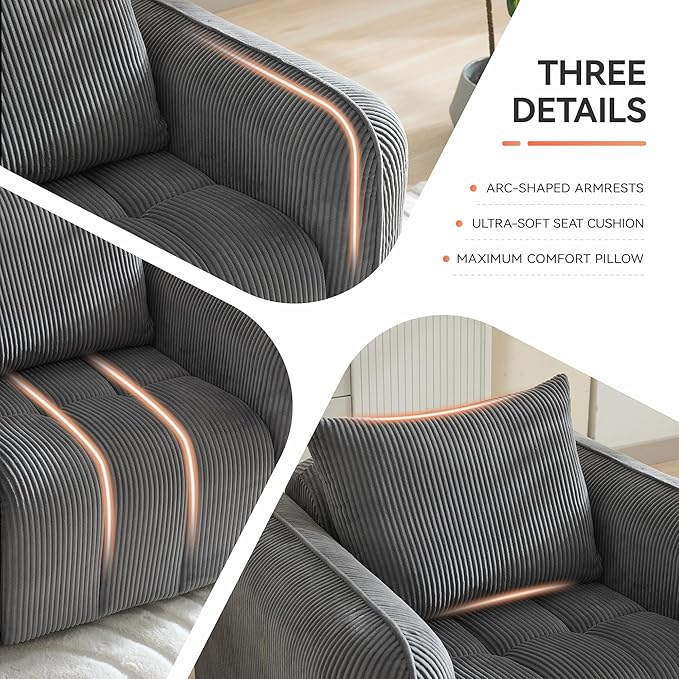 Oversized Boneless Corduroy Accent Chair, Comfy Deep Seat Armchair for Bedroom, Modern Upholstered Living Room Sofa Chair with Pillow, No Assembly, Grey