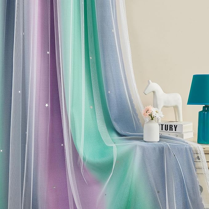 XiDi Curtains for Bedroom Decor, Rainbow Purplgreen grey52/45