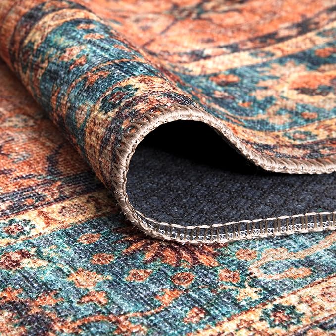 Bloom Rugs Washable Non-Slip 7 ft Runner - Orange/Teal Blue Traditional Bordered Runner for Entryway, Hallway, Bathroom, and Kitchen - Exact Size: 2.5' x 7'