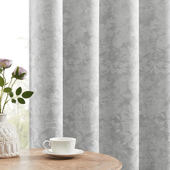 Beauoop Grey Floral Jacquard Blackout Curtains 63 Inches Long 2 Panels for Bedroom Living Room Gray Flower Chenille Room Darkening Thermal Insulated Soundproof Grommet Window Treatments Drapes, 52x63