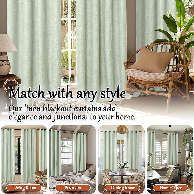Sage Green Blackout Curtains for Bedroom - Linen Curtains 90 Inch Length Thermal Insulated Privacy Burlap Boho Window Drapes for Living Room Scandi Farmhouse Dining, 2 Panels, Each 52" Wide