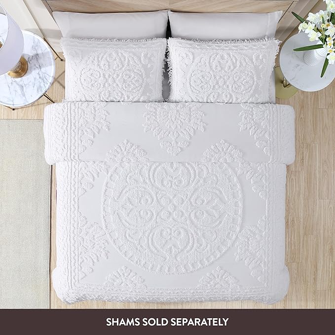 Beatrice Home Fashions Medallion Chenille Bedspread, Queen, White
