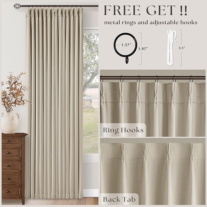 70 Inch Extra Wide 100% Blackout Curtain 84 Inches Long for Living Room Pinch Pleated Thick Linen Oatmeal Beige Thermal Drapes Back Tab Room Darkening Black Out for Bedroom Large Window 70x84 1 Panel