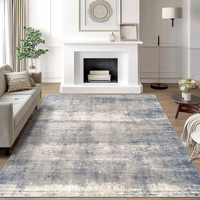 8x10 Area Rugs for Living Room, Non-Slip Backing Washable Rug 8x10, Large Area Rug Soft Carpet for Bedroom Dining Room, Neutral Modern, Easy Clean, Durable, Grey/Navy