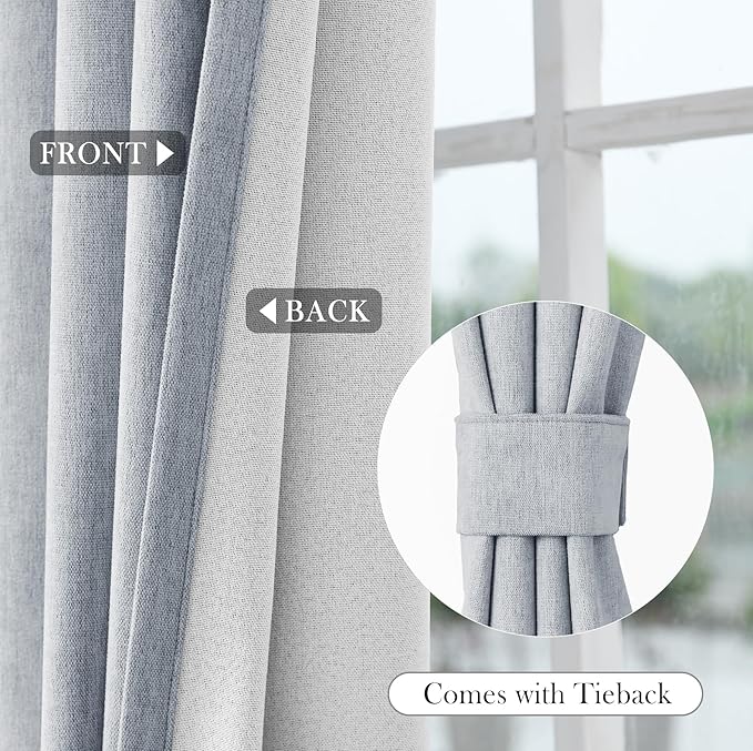 Macochico 100% Blackout Curtains Thermal Insulated Noise Reducing Chenille Curtains for Hotel Auditorium Bedroom Living Room Grommet Gray Blue Curtains with Tieback Classic 52" Wx84 L 1 Panel