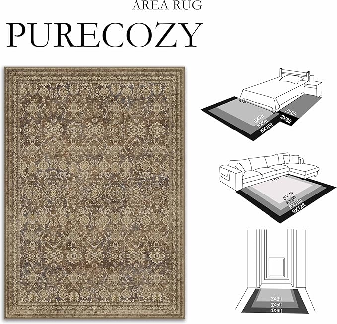 6x9 Vintage Area Rug Brown Washable Living Room Large Non Slip Carpet Bedroom Indoor Office Low Pile Traditional Distressed Retro Floral Accent Rug for Dining Room Kitchen