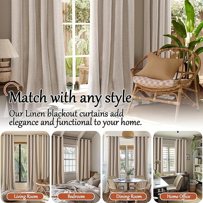 Short Linen Blackout Curtains 45 Inch Length 2 Panels, Thermal Insulated Total Light Blocking Window Curtains for Farmhouse Bedroom Basement, Bronze Grommet, Beige, Each 52" Wide