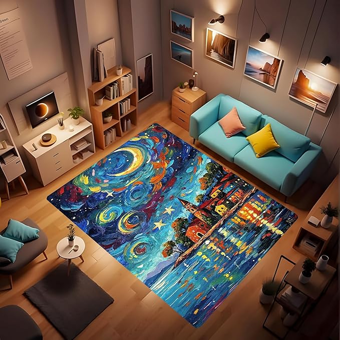 Machine Washable 5' x 7' Seaside Villages and Churches Area Rug, Bule Floor mat, Suitable for bedrooms, Girls' Room Bedside, Living Room, Dining Room, Office, Non-Slip Low-Pile Night Sky Carpet
