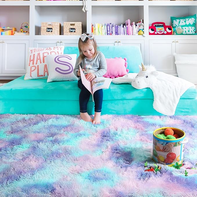 PAGISOFE 9x12 Rainbow Large Area Rug for Bedroom Girls, Cute Kawaii Purple Rainbow Princess Rugs for Kids Room Playroom Nursery Classroom, Plush Mermaid Rug,Clorful Room Decor for Teenage Pastel Rugs