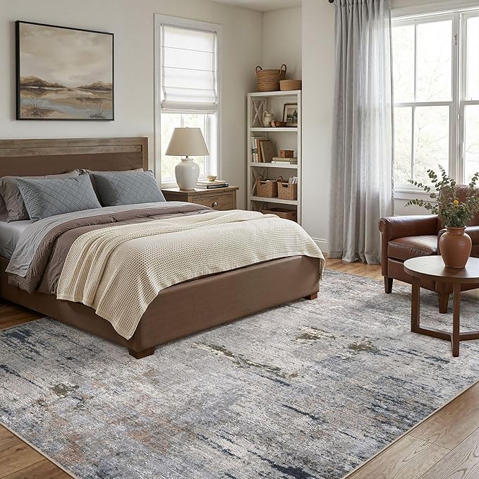 Area Rug Living Room Rugs - 9x12 Washable Large Soft Indoor Neutral Modern Abstract Low Pile Rug Carpet for Bedroom Dining Room Farmhouse Home Office - Blue/Grey/Brown
