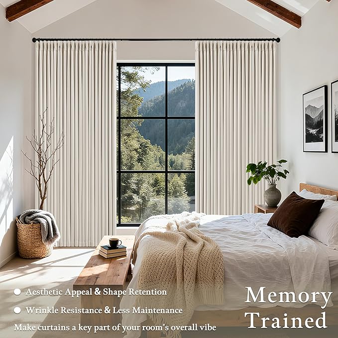 Pinch Pleated Blackout 102 Inch Curtains 70 Inch Wide Linen Dual Layer Soundproof Farmhouse Bedroom Window Curtains for Living Room Cream Natural Hooks Rings Back Tab 100% Black Out Drapes 1 Panel