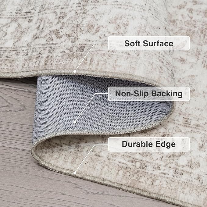 FMFUNCTEX 8x10 Washable Area Rug Beige Vintage Neutral Distressed Large Non Slip Carpet for Living Room Bedroom Soft Low Pile Indoor Mat Retro Floral Throw Rug for Dining Room Kitchen Office Nursery