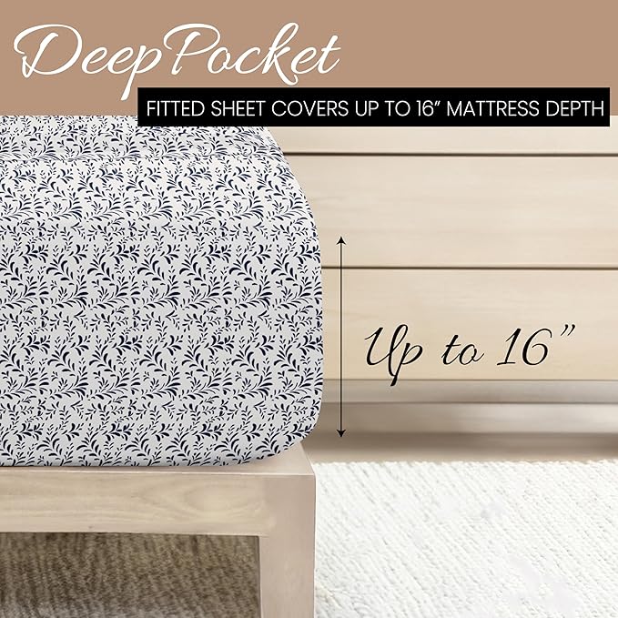 Linen Market 4 Piece California King Bedding Sheet Set (Navy Vines) - Sleep Better Than Ever with These Ultra-Soft & Cooling Bed Sheets for Your Cal King Size Bed - Deep Pocket Fits 16" Mattress