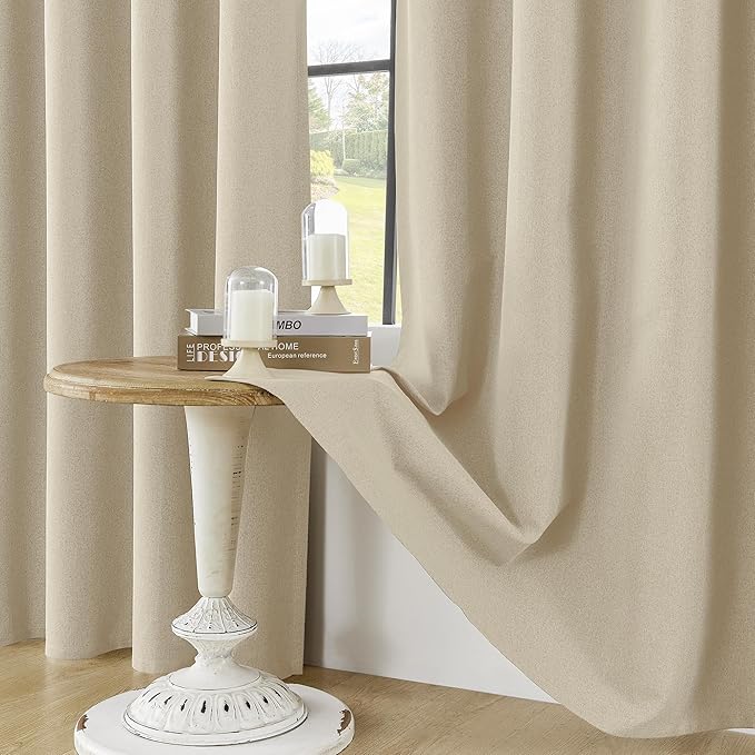 ChrisDowa 100% Blackout Natural Solid Solid Curtains 54 Inches Long 2 Panels for Bedroom Living Room,Farmhouse Room Darkening Thermal Insulated Soundproof Grommet Top Window Treatment Drapes,52x54