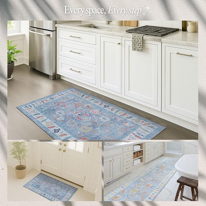 Fame Rugs Blue Modern Oushak Rug 5x7, Washable Vintage Turkish Colorful Oriental Antique Inspired Area Rugs, Luxury Living Room Bedroom (381LB, 5' x 7')